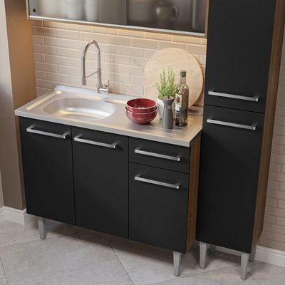 Armário De Cozinha Compacta 137cm Com Pia Rustic/preto Emilly Madesa 07 Rustic/preto