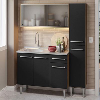 Armário De Cozinha Compacta 137cm Com Pia Rustic/preto Emilly Madesa 07 Rustic/preto