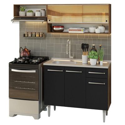 Armário De Cozinha Compacta 165cm Com Pia Rustic/preto Emilly Madesa 01 Rustic/preto
