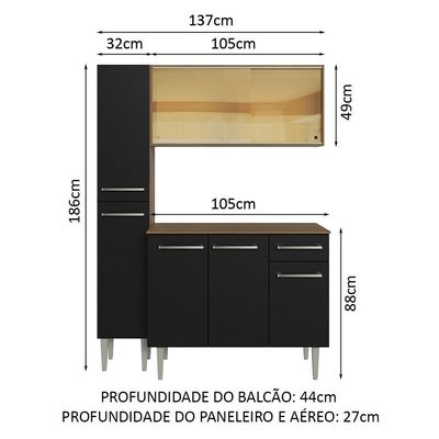 Armário De Cozinha Compacta 137cm Rustic/preto Emilly Madesa 06 Rustic/preto