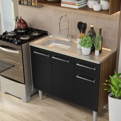 Armário De Cozinha Compacta 165cm Com Pia Rustic/preto Emilly Madesa 01 Rustic/preto