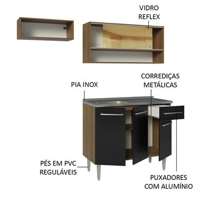 Armário De Cozinha Compacta 165cm Com Pia Rustic/preto Emilly Madesa 01 Rustic/preto