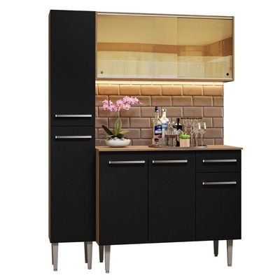 Armário De Cozinha Compacta 137cm Rustic/preto Emilly Madesa 06 Rustic/preto
