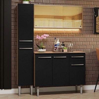 Armário De Cozinha Compacta 137cm Rustic/preto Emilly Madesa 06 Rustic/preto