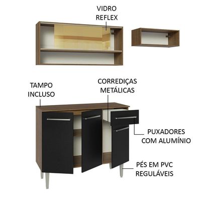 Armário De Cozinha Compacta 165cm Rustic/preto Emilly Madesa 02 Rustic/preto