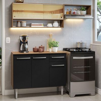Armário De Cozinha Compacta 165cm Rustic/preto Emilly Madesa 02 Rustic/preto