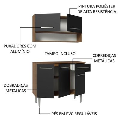 Armário De Cozinha Compacta 105cm Rustic/preto Emilly Madesa 03 Rustic/preto