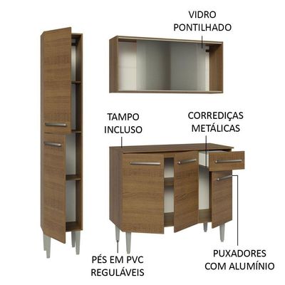 Armário De Cozinha Compacta 137cm Rustic Emilly Madesa 05 Rustic