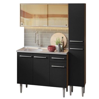 Armário De Cozinha Compacta 137cm Com Pia Rustic/preto Emilly Madesa 08 Rustic/preto