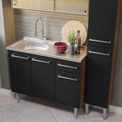 Armário De Cozinha Compacta 137cm Com Pia Rustic/preto Emilly Madesa 08 Rustic/preto