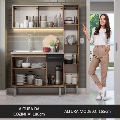 Armário De Cozinha Compacta 137cm Com Pia Rustic/preto Emilly Madesa 08 Rustic/preto