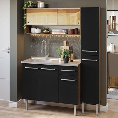 Armário De Cozinha Compacta 137cm Com Pia Rustic/preto Emilly Madesa 10 Rustic/preto