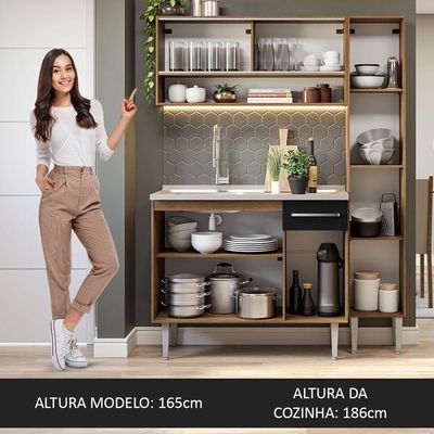 Armário De Cozinha Compacta 137cm Com Pia Rustic/preto Emilly Madesa 10 Rustic/preto