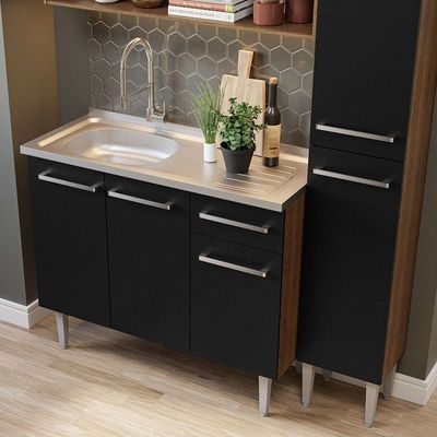 Armário De Cozinha Compacta 137cm Com Pia Rustic/preto Emilly Madesa 10 Rustic/preto
