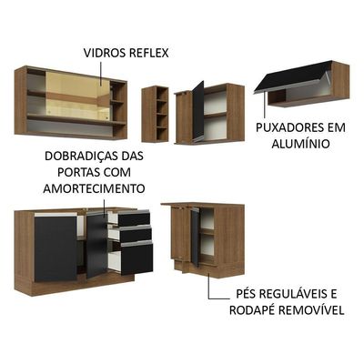 Armário De Cozinha 349Cm Rustic/Preto Glamy 06 Rustic/Preto