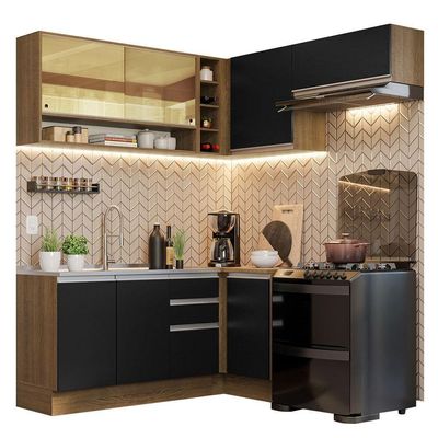 Armário De Cozinha 349Cm Rustic/Preto Glamy 06 Rustic/Preto