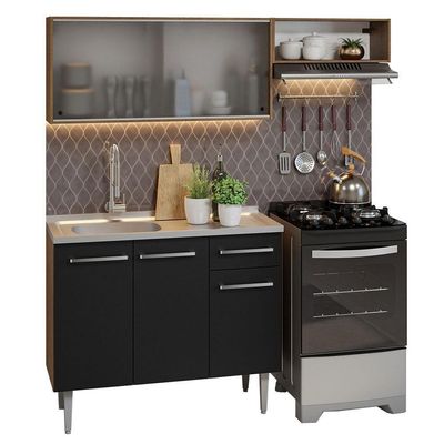 Armário De Cozinha Compacta 165cm Com Pia Rustic/preto Emilly Madesa 05 Rustic/preto