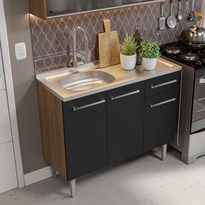 Armário De Cozinha Compacta 165cm Com Pia Rustic/preto Emilly Madesa 05 Rustic/preto