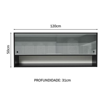 Armário Aéreo 120cm 2 Portas Correr Vidro Neutral 1 Nicho Preto Reims Madesa Preto