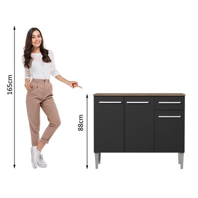 Balcão Gabinete Madesa Emilly 3 Portas 1 Gaveta Rustic Preto