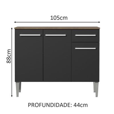 Balcão Gabinete Madesa Emilly 3 Portas 1 Gaveta Rustic Preto