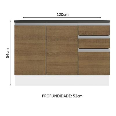 Balcão De Pia Cozinha 100% Mdf 120 Cm 3 Portas E 2 Gavetas Branco/rustic Acordes Madesa