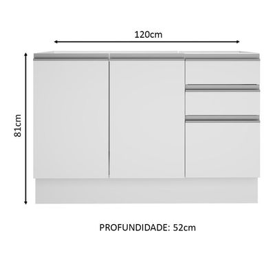 Balcão de Pia Acordes Glamy 120cm MDF 3 Portas Branco Madesa