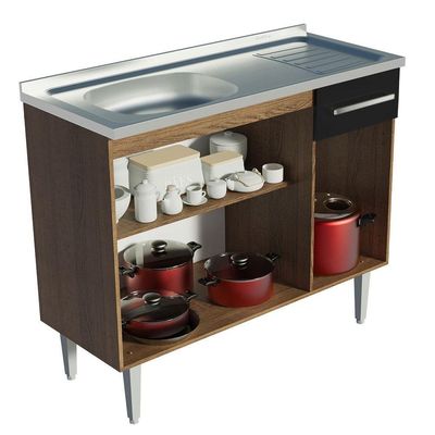 Balcão Gabinete Com Pia 3 Portas E 1 Gaveta 105cm Rustic/preto Emilly Madesa Rustic/preto