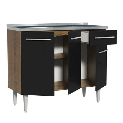Balcão Gabinete Com Pia 3 Portas E 1 Gaveta 105cm Rustic/preto Emilly Madesa Rustic/preto