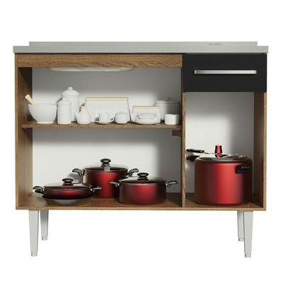 Balcão Gabinete Com Pia 3 Portas E 1 Gaveta 105cm Rustic/preto Emilly Madesa Rustic/preto