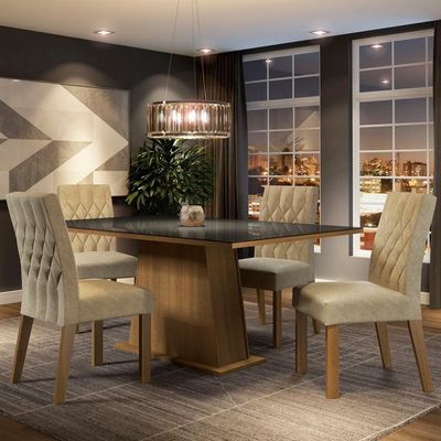 Sala de Jantar Grazi Mesa Tampo de Vidro 4 Cadeiras Madesa