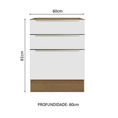 Balcão 60 Cm 3 Gavetas (sem Tampo) Rustic/Branco Veludo