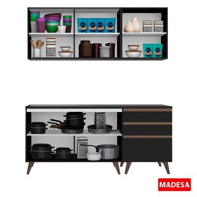 Cozinha Reims Preto Balcão 5 Portas 3 Gavetas Madesa