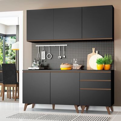 Cozinha Reims Preto Balcão 5 Portas 3 Gavetas Madesa