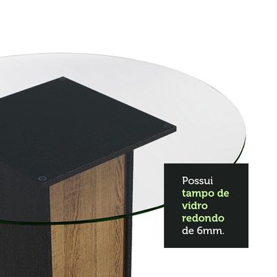 Mesa De Jantar Redonda 5324 Com Tampo De Vidro Preto/Rustic