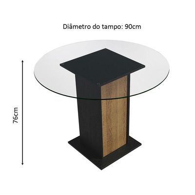 Mesa De Jantar Redonda 5324 Com Tampo De Vidro Preto/Rustic