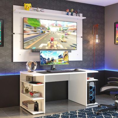 Mesa Gamer Madesa e Painel para TV até 65 Polegadas Branco