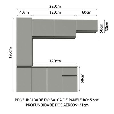 Armário De Cozinha Completa Suspenso 220cm Cinza Nice Madesa 02 Cinza