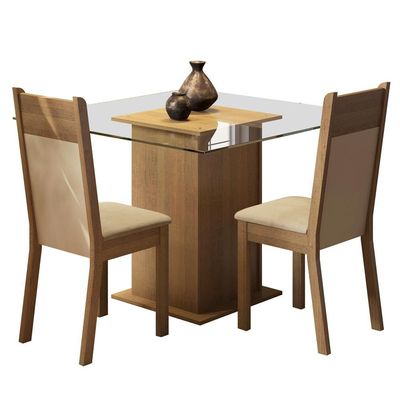 Conjunto Sala De Jantar Mesa Tampo Vidro 2 Cadeiras Madesa