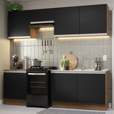 Armário De Cozinha 240Cm Rustic/Preto Glamy 09 Rustic/Preto