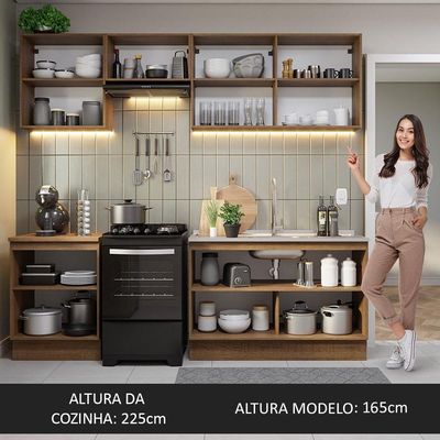 Armário De Cozinha 240Cm Rustic/Preto Glamy 09 Rustic/Preto