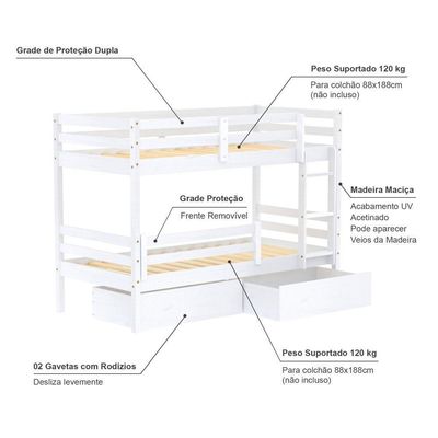 Beliche Solteiro Slim Com 02 Gavetas E Grade De Proteção Madeira Maciça Branco Housin