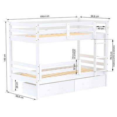 Beliche Solteiro Slim Com 02 Gavetas E Grade De Proteção Madeira Maciça Branco Housin