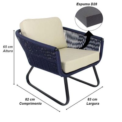 Conjunto Sofá E Poltronas Corda Alumínio Azul Marinho