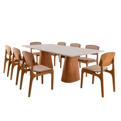 Conjunto Mesa Noronha Com Vidro E 8 Cadeiras Malta Moderna Linho Palha Off White Imbuia