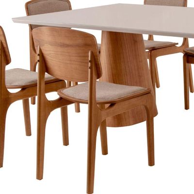 Conjunto Mesa Noronha Com Vidro E 8 Cadeiras Malta Moderna Linho Palha Off White Imbuia