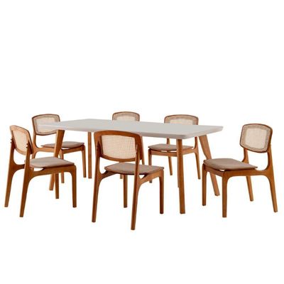 Conjunto Mesa Malta 160cm 6 Cadeiras Malta Premium Moderna Linho Palha Off White Imbuia