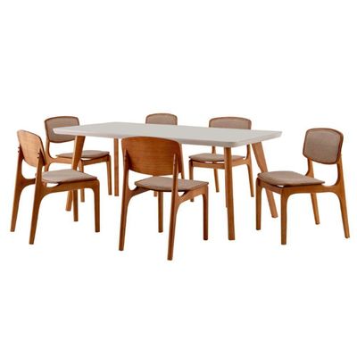 Conjunto Mesa 160cm Com Vidro E 6 Cadeiras Malta Moderna Linho Palha Off White Imbuia