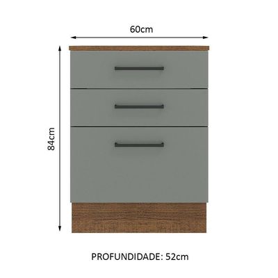 Balcão Agata 60 Cm 3 Gavetas Rustic/Cinza Madesa