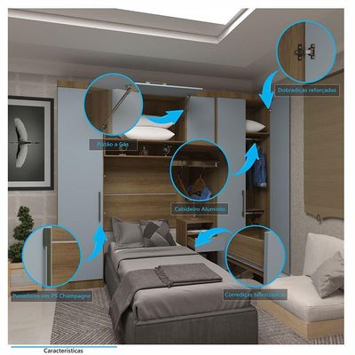 Quarto De Solteiro Com Guarda Roupas E Mesa De Cabeceira Paris Luciane Móveis Avelã Pf Com Grey Sk